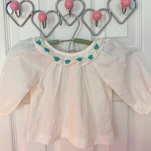 Little English White Blouse with Teal Floral Embroidery